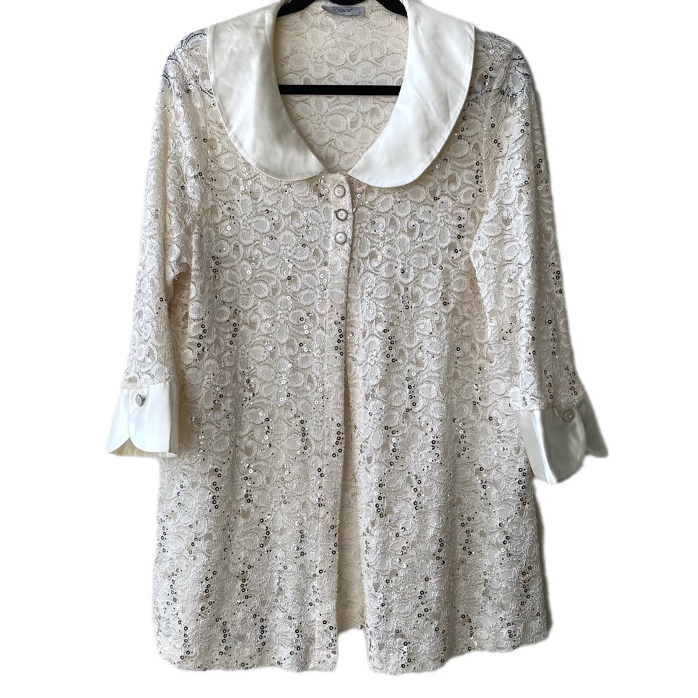 Vigane Vintage Floral Lace Sparkly Sequin Ivory Tunic Jacket Cardigan size L-XL